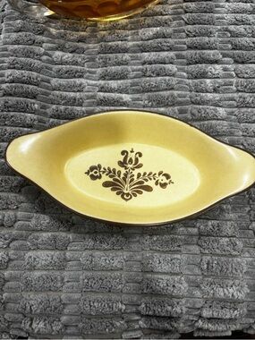 Vintage Yellow Ceramic Serving Dish with Brown Floral Motif